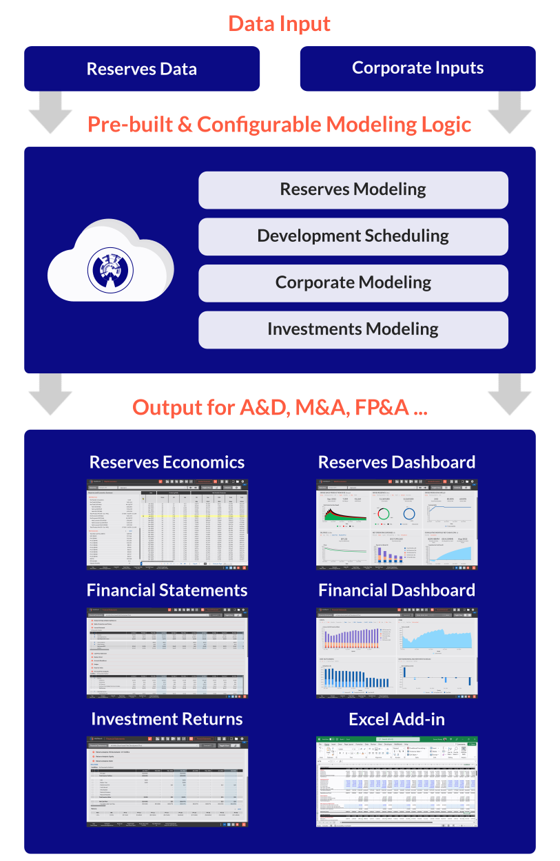 Asset + Corporate Inputs -> Reserves, Financial Statements Analysis, Investments Modeling-> Output (Tabular + Dashboards)